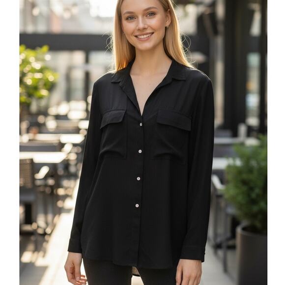 GAP Shirt Boyfriend Fit Long Sleeve XL Viscose True Black Semi Sheer Classic - Picture 1 of 9